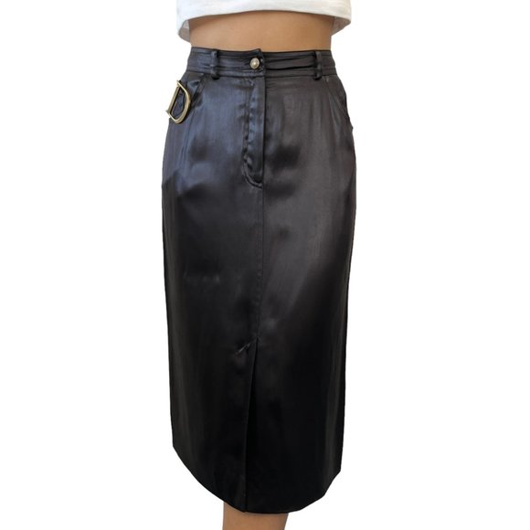 Christian Dior Vintage D Buckle Satin Skirt #40 Zip Black Gold [103155] - Picture 3 of 10